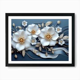 3d Artwork Illustration White Amp Blue Background with Red Golden Jewelry and Flowers in Black Art Print