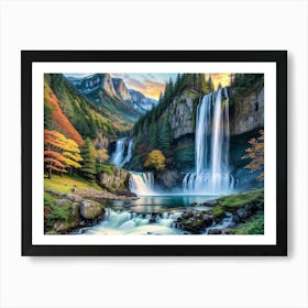 Mountain Waterfall In Autumn - Ai Art Print