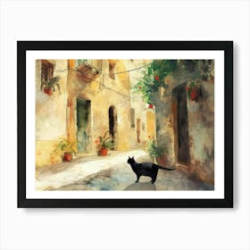 Black Cat In Bari, Italy, Street Art Watercolour Painting 2 Art Print