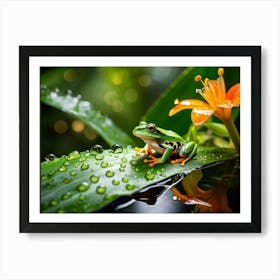 Macro Photography Single Water Droplet Capturing A Bustling Miniature Tropical Ecosystem A Vibrant Art Print