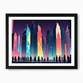 A Fantasy Illustration Of A Futuristic Cityscape With Colorful Buildings And A Crowd Of People Silhouetted In The Foreground Art Print