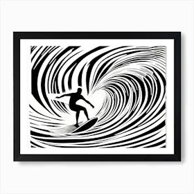 Linocut Black And White Surfer On A Wave art, surfing art, 250 Art Print