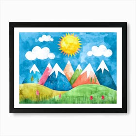 Sunny Mountain Mosaic A Playful Pastel Landscape Illustration Art Print