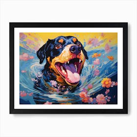 Rottweiler Dog Swimming In The Sea Art Print