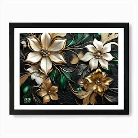 Luxury Floral Seamless With Flowers Elegant Leather Texture Illustration Background In Golden, Green, White 1 Art Print