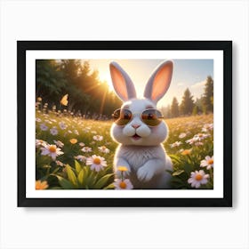 Cute, Cartoon Style White Rabbit Wearing Aviator Sunglasses, Sitting In A Field Of Daisies With A Warm Sunset In The Background Art Print