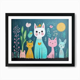 3D Cute Cats and Birds Art Print