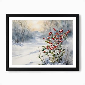 Snowy Winter Landscape With Holly Art Print