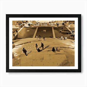 Piazza di Spagna by night. Rome, Italy.
The image depicts a scene of people gathered on a set of stone steps, illuminated by soft, warm light. The steps lead up to a platform with a railing, suggesting a public space or monument. The figures are silhouetted against the light, creating a sense of mystery and intrigue. The overall mood is calm and contemplative, with a hint of romanticism. Art Print