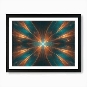 Abstract Fractal Artwork, Resembling A Stylized Flower Or Starburst, In Shades Of Teal And Orange, Creating A Symmetrical And Dynamic Design Art Print