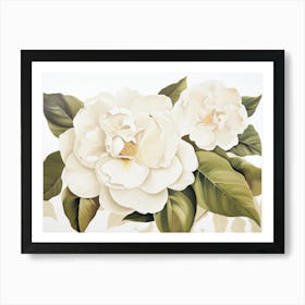 Floral Wall Art, Camelia. Living Room Art print in Green and beige soft colors Art Print