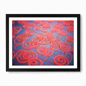 Abstract 3d Illustration Of Red Spirals Arranged In A Pattern On A Blue Grid Background Art Print