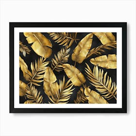 Tropical Exotic Seamless Pattern with Dark Golden Banana Leaves Palm Leaves Vintage Hand Drawn 3d Art Print