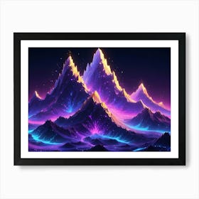 Vibrant, Glowing Mountains Rise From A Dark Landscape, Illuminated By Neon Lights And Ethereal Particles, Creating A Magical And Otherworldly Scene Art Print