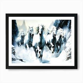White Stallion Horses - Horses In The Snow Art Print