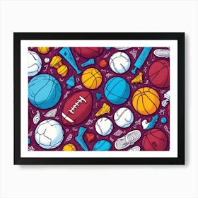 A Seamless Pattern Featuring Hand Drawn Illustrations Of Various Sports Equipment, Including Balls, Bats, And Shoes On A Maroon Background Art Print