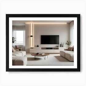 A Modern Living Room Interior With A White Sectional Sofa, Two Plants, A Coffee Table, A Tv, And Accent Lighting Art Print