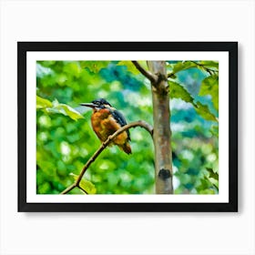 Kingfisher on a Branch. This image depicts a vibrant kingfisher perched on a branch amidst lush green foliage. The bird's striking colors, with a mix of blue, orange, and white, stand out against the blurred, green background, creating a beautiful contrast. The scene captures the serene and natural beauty of the bird in its habitat. Art Print