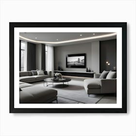 A Modern Living Room With A Large Sectional Sofa, A Round Coffee Table, A Tv, And A Large Abstract Painting Art Print