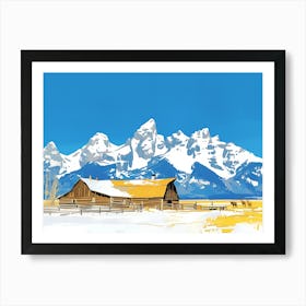 Rustic Barn in Front of Snow Capped Mountains Art Print