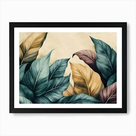 Vintage Tropical Green Brown Leaves with Golden Texture Art Print