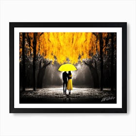 Yellow Umbrella Couple - Two Walking In Golden Autumn Art Print