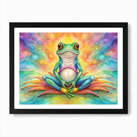 Green Frog In Lotus Position On Rainbow Flower Art Print