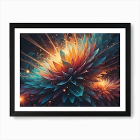 Two Large, Abstract Flowers In Shades Of Orange, Blue, And Purple Bloom With Glowing Light And Sparkles Against A Dark Background Art Print