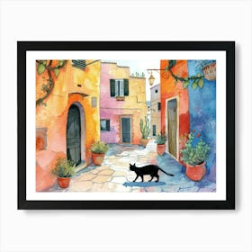 Black Cat In Puglia, Italy, Street Art Watercolour Painting 1 Art Print