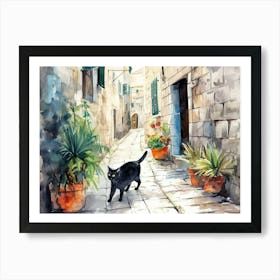 Dubrovnik, Croatia   Cat In Street Art Watercolour Painting 4 Art Print