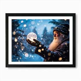 A Snowy Holiday Evening Time Scene Featuring A Man Holding A Luminous Orb That Glimmers With Encapsu (3) Art Print