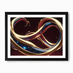 A Swirling, Flowing Loop Of Gold Liquid With A Blue, Starry Galaxy Texture Inside, Against A Dark Red Background Art Print