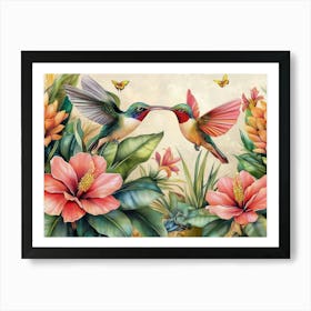 Vintage Tropical Background With Protea, Hibiscus Flowers, Leaves, Hummingbirds, Butterflies Painting Art Print