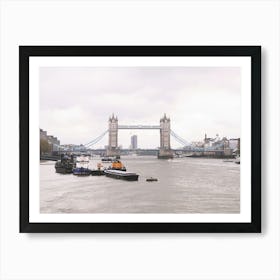 London, England I Grey panoramic skyline view photography of the famous Tower Bridge and the River Thames to the Victorian architecture and British charm of an urban city landscape under rainy weather Art Print