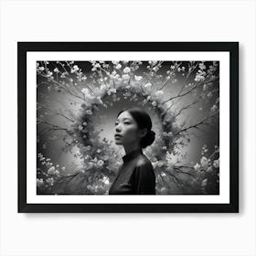 A Woman Stands In Front Of A Black And White Photo Of A Floral Wreath Art Print