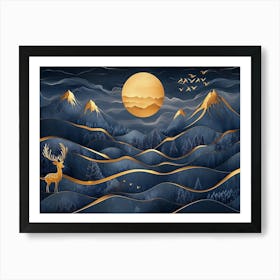 3d Blue Night Landscape With Dark Mountains, Golden Tree And Gold Waves Art Print