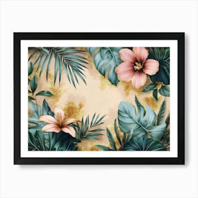 Vintage Tropical Green Brown Leaves with Golden Texture 1 Art Print