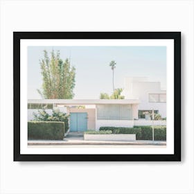 Los Angeles, USA I Californian midcentury modern white architecture for geometric minimalist house photography from Palm Springs with its palm trees home and colorful blue door to sunny Hollywood or Beverly Hills Art Print