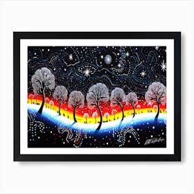 Snow Christmas Scene - Trees In The Night Sky Art Print