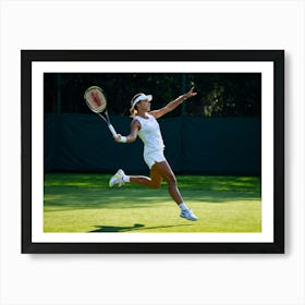 Tennis Player In Dynamic Forward Motion Mid Service Shadow Elongated On Outdoor Hard Court Late A (6) Art Print