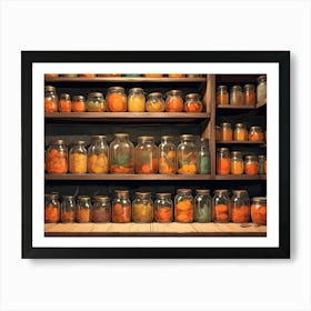 An Illustration Of A Shelf With A Collection Of Jars Filled With Colorful Ingredients Or Preserved Goods Art Print