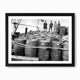 Beer Barrels on Boat, Prohibition, Vintage  Black and White Old Photo Art Print