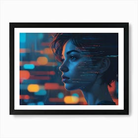 Portrait Of A Young Woman With Short Hair, Illuminated By Neon Light, With Digital Interface Elements Overlaying Her Face 1 Art Print