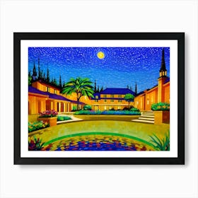 A picture of a bright mosaic of a house made up of several buildings, with a beautiful mosaic in the middle of the buildings. The moon shines on it in the evening. Art Print