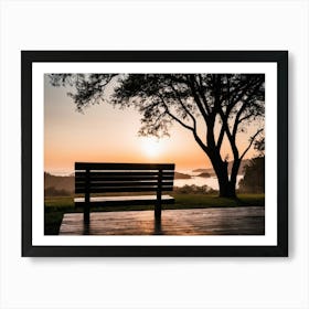 Park Bench With Sunset On The Beach Art Print