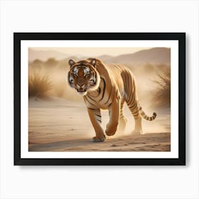 A Majestic Tiger Walks Confidently Across A Sandy Desert Landscape At Sunset, With The Setting Sun Casting A Warm Glow Art Print