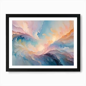 Abstract Image Of Swirling, Flowing Shapes In Shades Of Pink, Blue, And Yellow Against A White Background Art Print