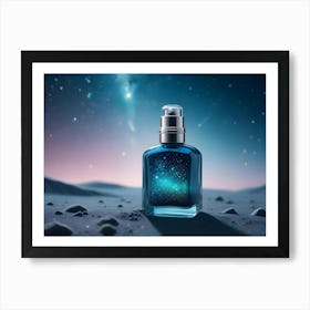 A Blue Glass Bottle Of Perfume On A Rocky Surface With A Background Of A Starry Night Sky Art Print