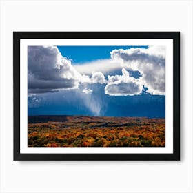 Cumulus Clouds Towering High Above A Serene Autumnal Landscape Sunlight Piercing Through Overcast S (7) Art Print