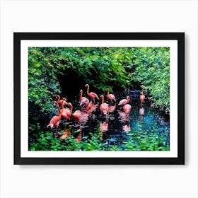 Flamingos in a Tranquil Lagoon. A serene scene of vibrant pink flamingos wading and interacting in a lush, green lagoon surrounded by dense foliage. The water reflects their elegant forms, creating a harmonious connection between nature and wildlife. 6 Art Print